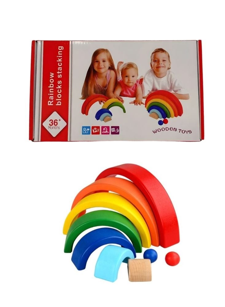 Premium Wooden Rainbow Stacking Blocks Toy – Montessori Color Learning Arc Set for Toddlers, Balance Play & Creative Building - Image 4